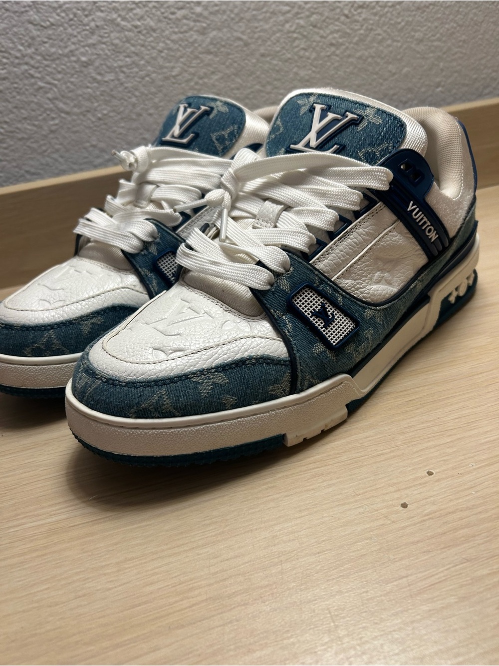 Louis Vuitton White and Denim Monogram Low-Top Sneakers